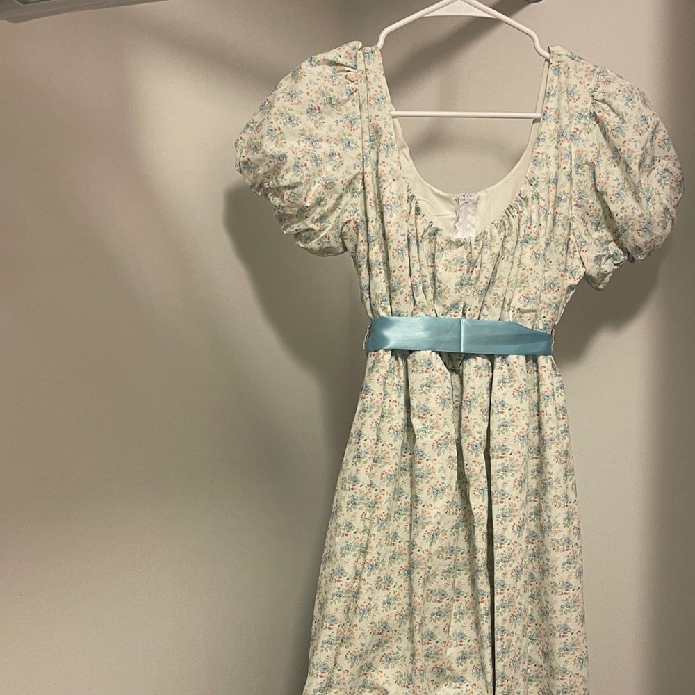 Jane Austen/ Bridgerton Costume Dress with Blue Sash, white gloves and pelisse.